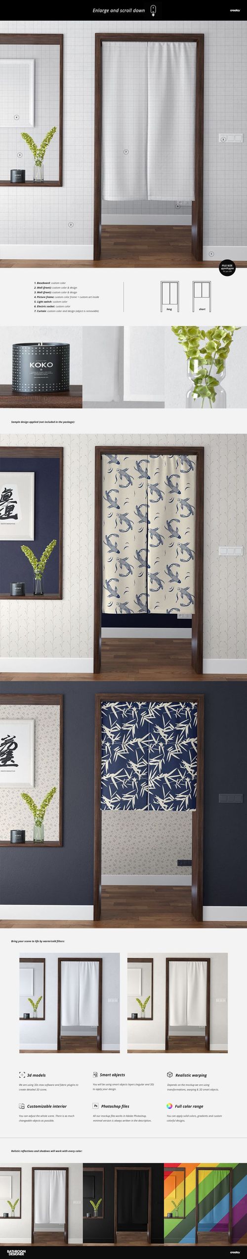 Front view of a door curtain mockup set with various designs, including plain white and blue botanical patterns.