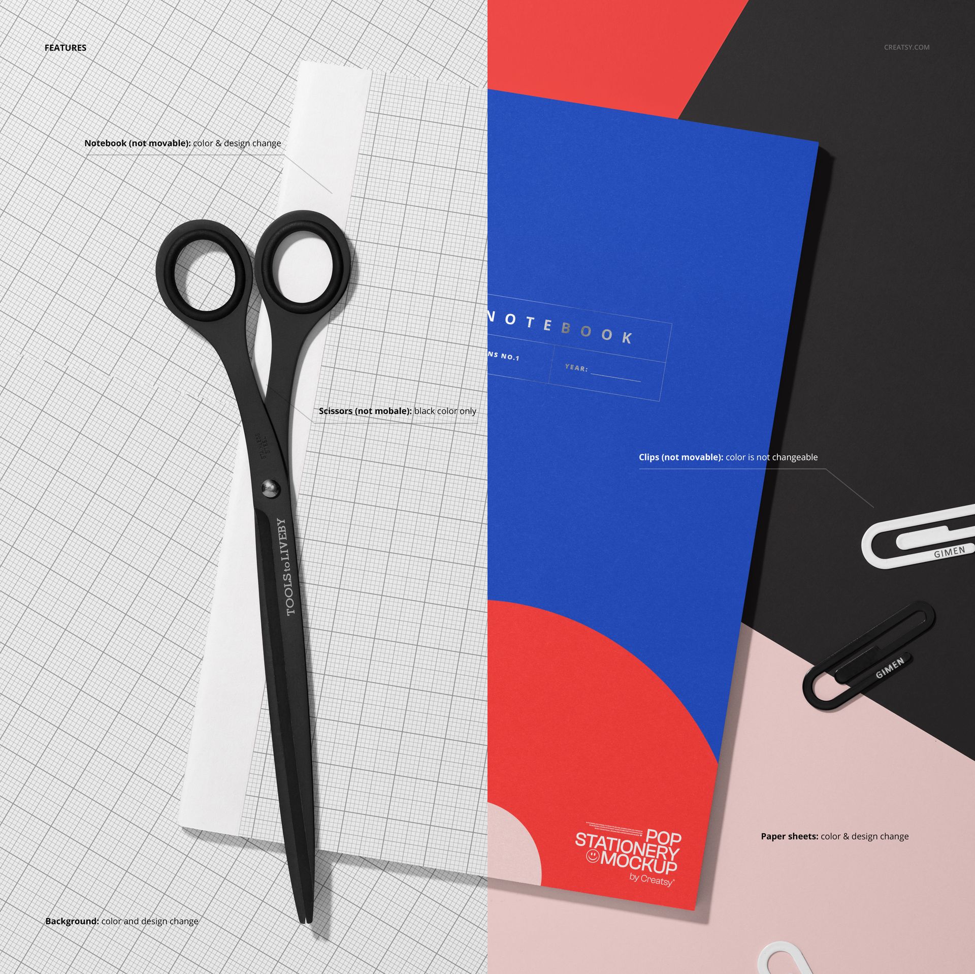 Stationery scene with a classic tape-bound notebook mockup, black scissors, paper clips, and graph paper background.