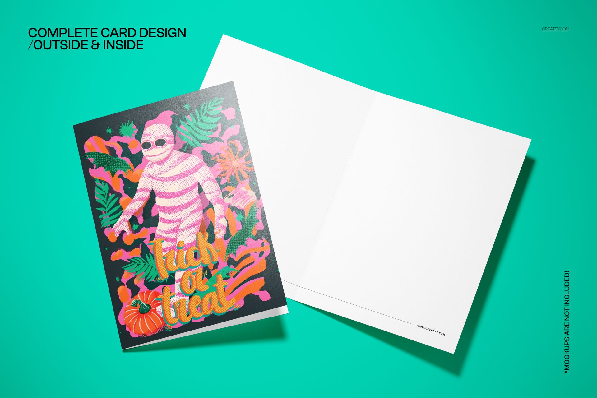 PSD mockup of a folded Halloween card showing a colorful mummy design, pumpkins, leaves, and trick or treat text.