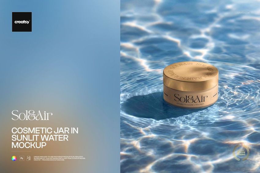 PSD mockup of a cosmetic jar in sunlit water, showing a top view of the jar with soft blue and beige tones.