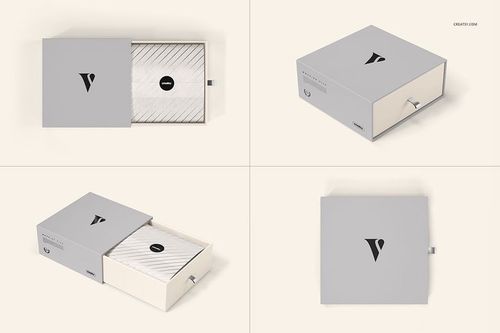 Gift box mockup with minimalist gray exterior, drawer pull tab, and striped inner lining, presented in four perspectives.
