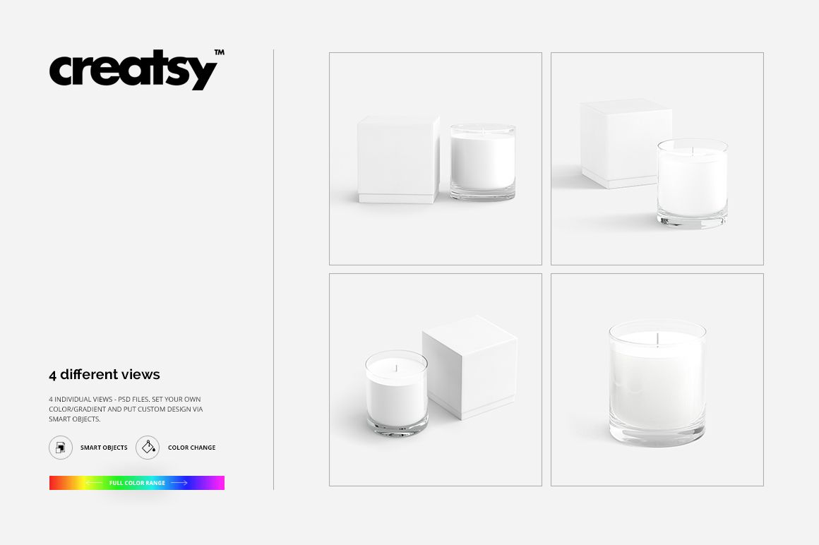 Scented candle mockup set showing a clear glass candle and white box from multiple angles on a plain background.