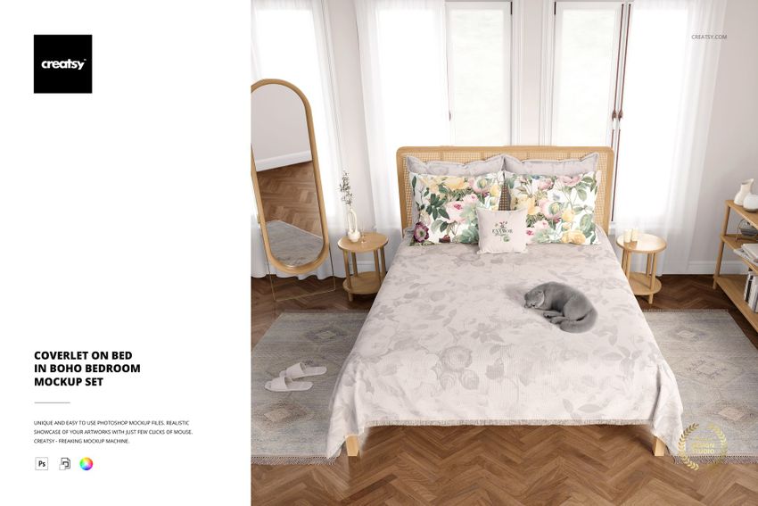 PSD mockup of a cozy bedroom featuring a bed with a patterned coverlet, floral pillows, and wooden furniture in a bright space.