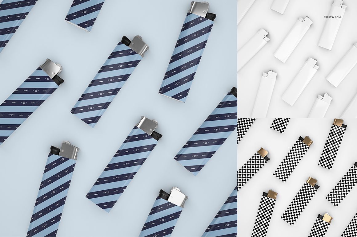 Lighter mockup set showing various designs, including blue stripes and checkered patterns, viewed from above.