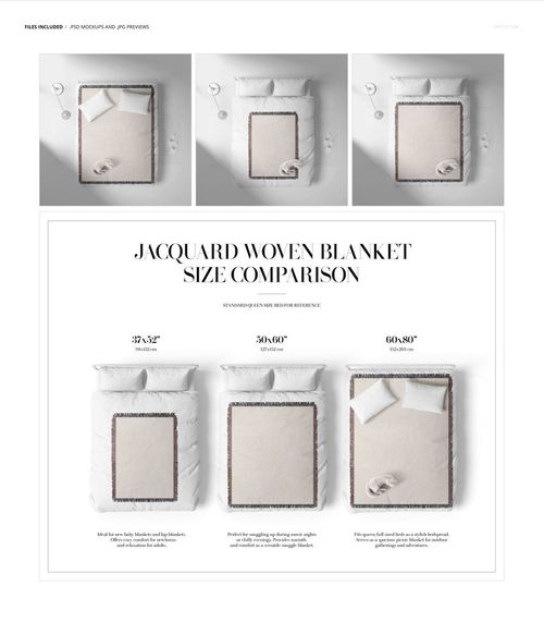 Jacquard woven blanket mockup showing three bedding sizes on beds with white sheets and pillows, top view.