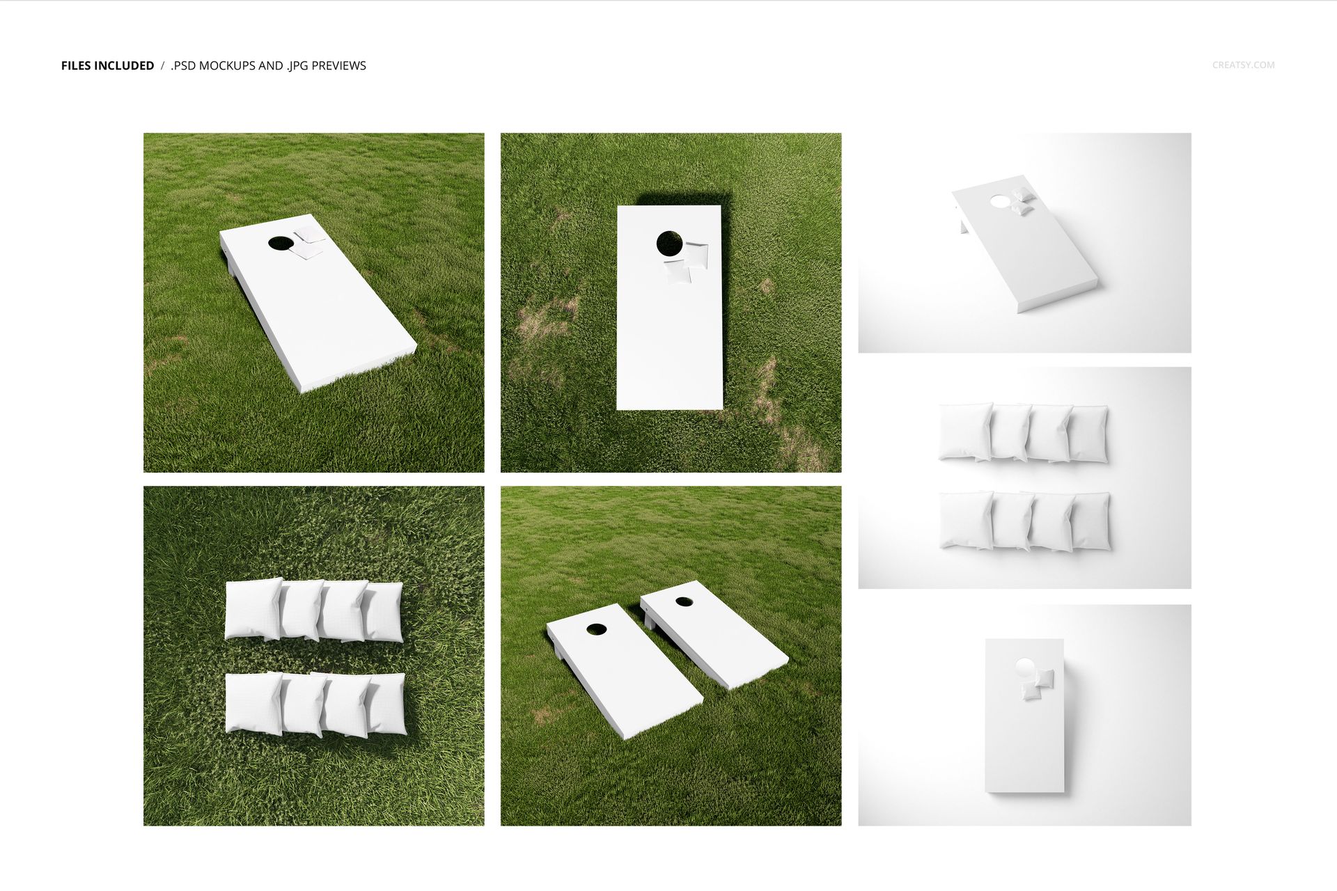 Cornhole board and bags mockup set featuring white boards and bags on green grass, shown from various angles.