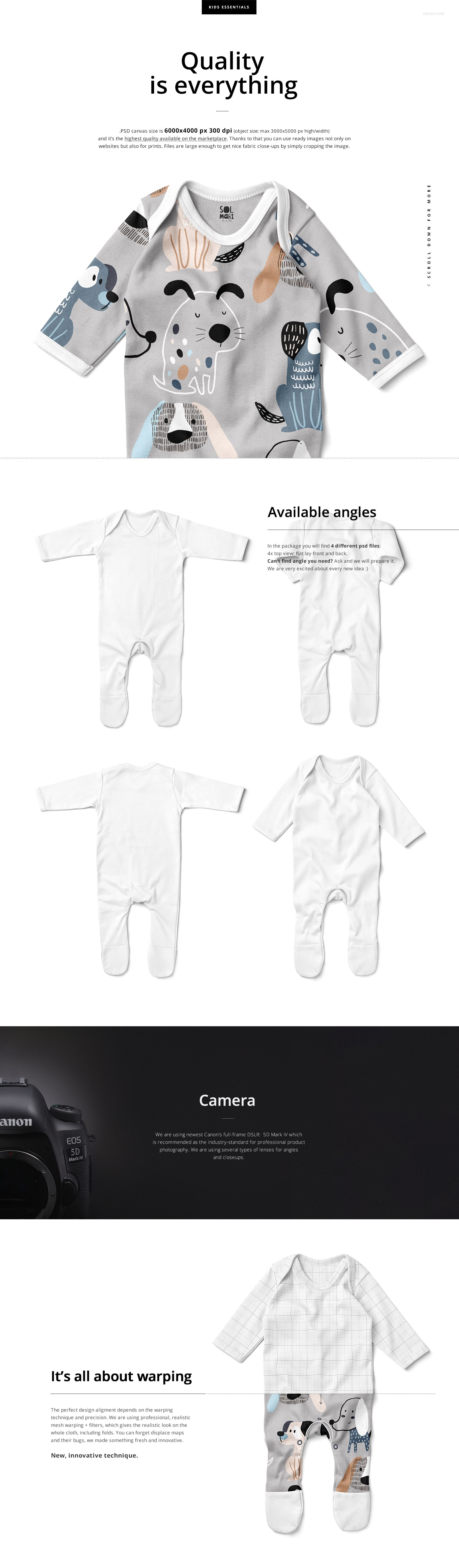 Baby chest rompersuit mockup with long sleeves, shown in multiple angles, featuring white fabric and editable design areas.
