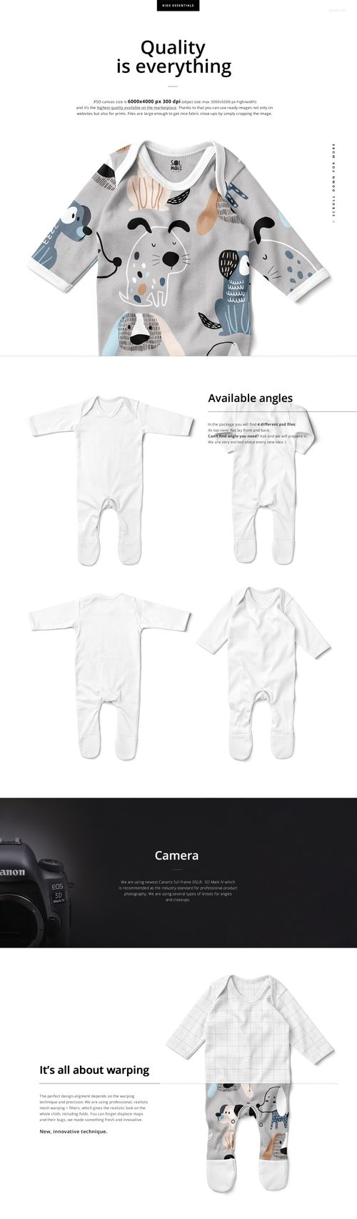 Baby chest rompersuit mockup with long sleeves, shown in multiple angles, featuring white fabric and editable design areas.