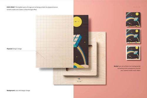Plywood wall art mockup featuring a square panel with grid pattern and colorful artwork, shown from a top view.