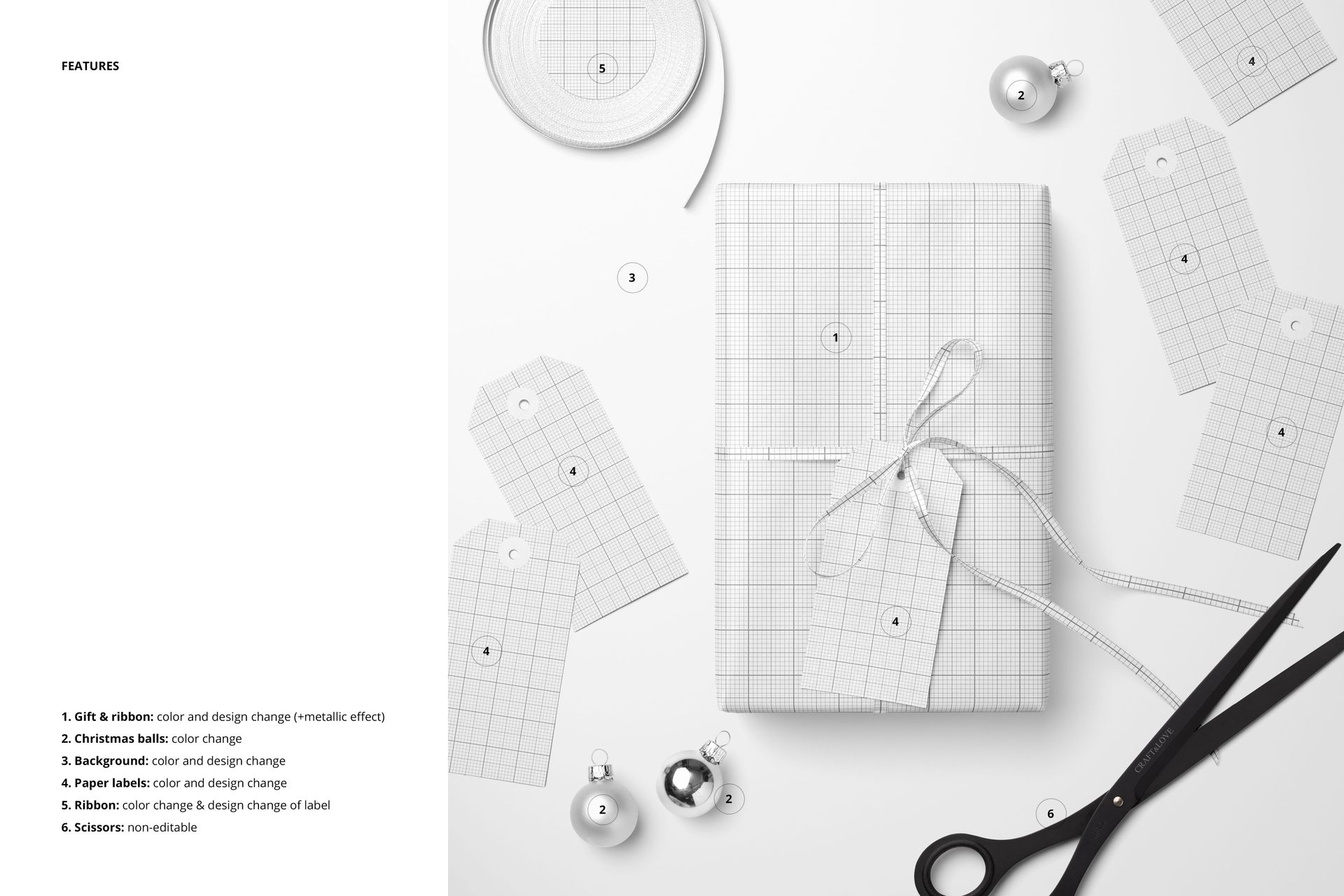 Top view of a Christmas gift mockup featuring grid-patterned wrapping paper, ribbon, scissors, and scattered paper labels.