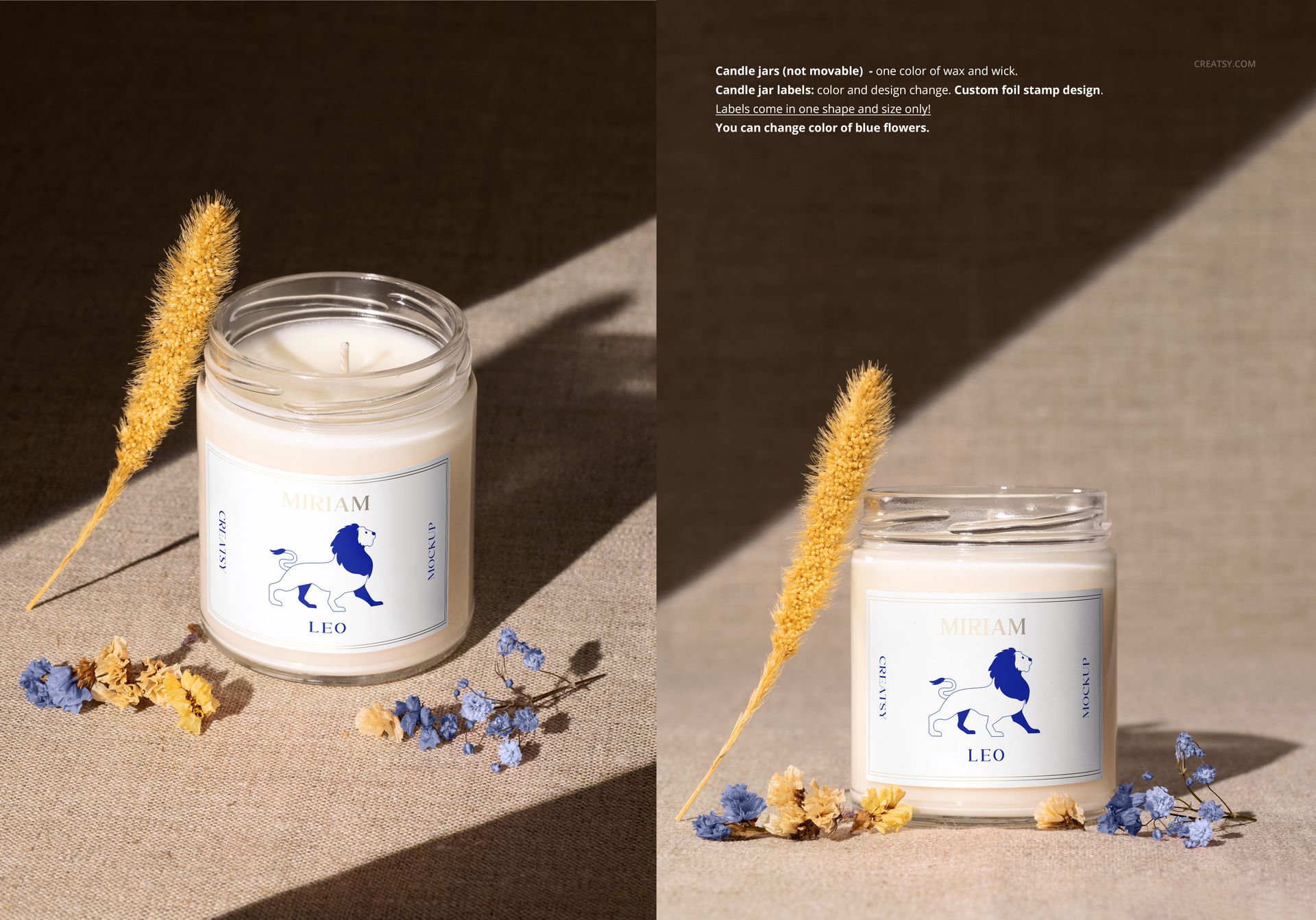 PSD mockup showing a 9oz soy candle jar with a personalized label, dried floral accents, and natural sunlight shadows.