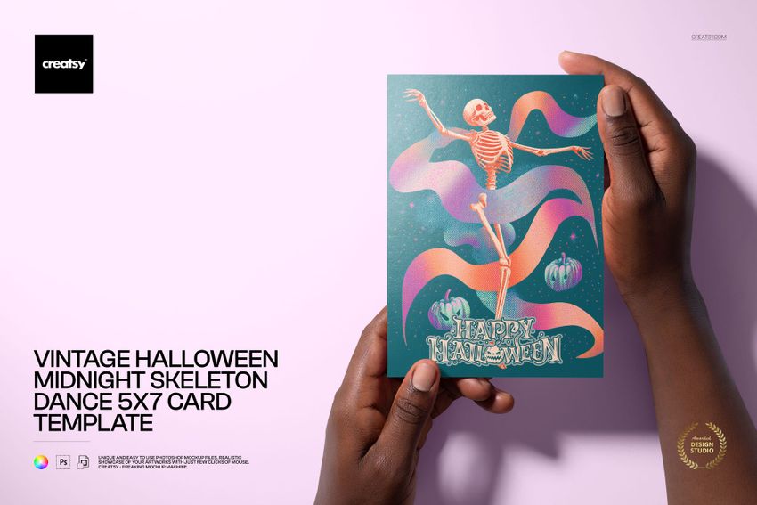 Vintage Halloween Midnight Skeleton Dance 5x7 Card Template - mockup screenshot 1