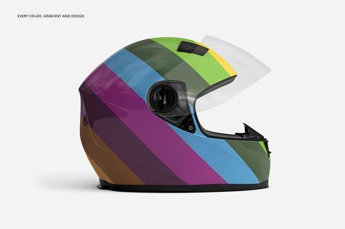 Side view of a motorcycle helmet mockup with multicolored diagonal stripes on a white background.