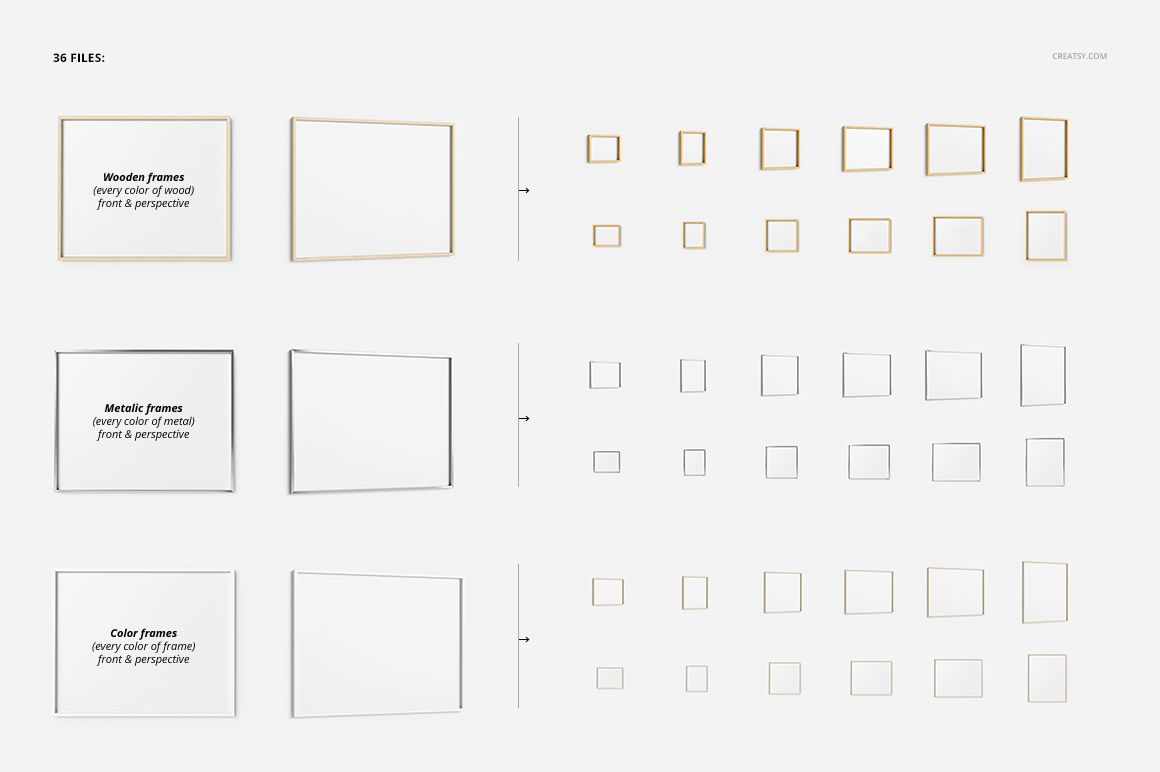 PSD mockup set showing multiple thin frames in wood, metal, and color finishes arranged in rows on a white background.