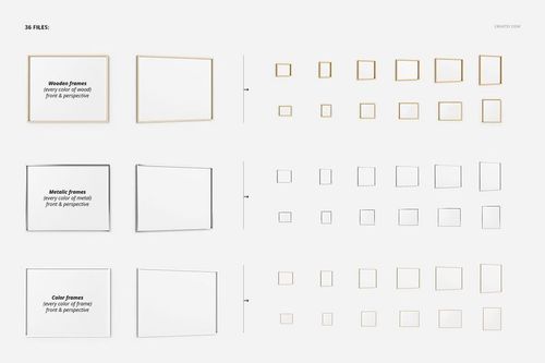 PSD mockup set showing multiple thin frames in wood, metal, and color finishes arranged in rows on a white background.