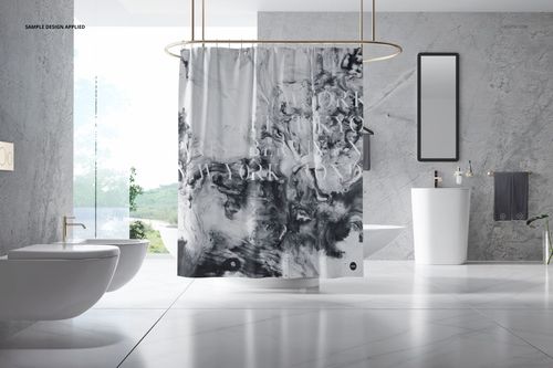 Front view of a bathroom scene with a bath curtain displaying a swirling monochrome design, PSD mockup format.