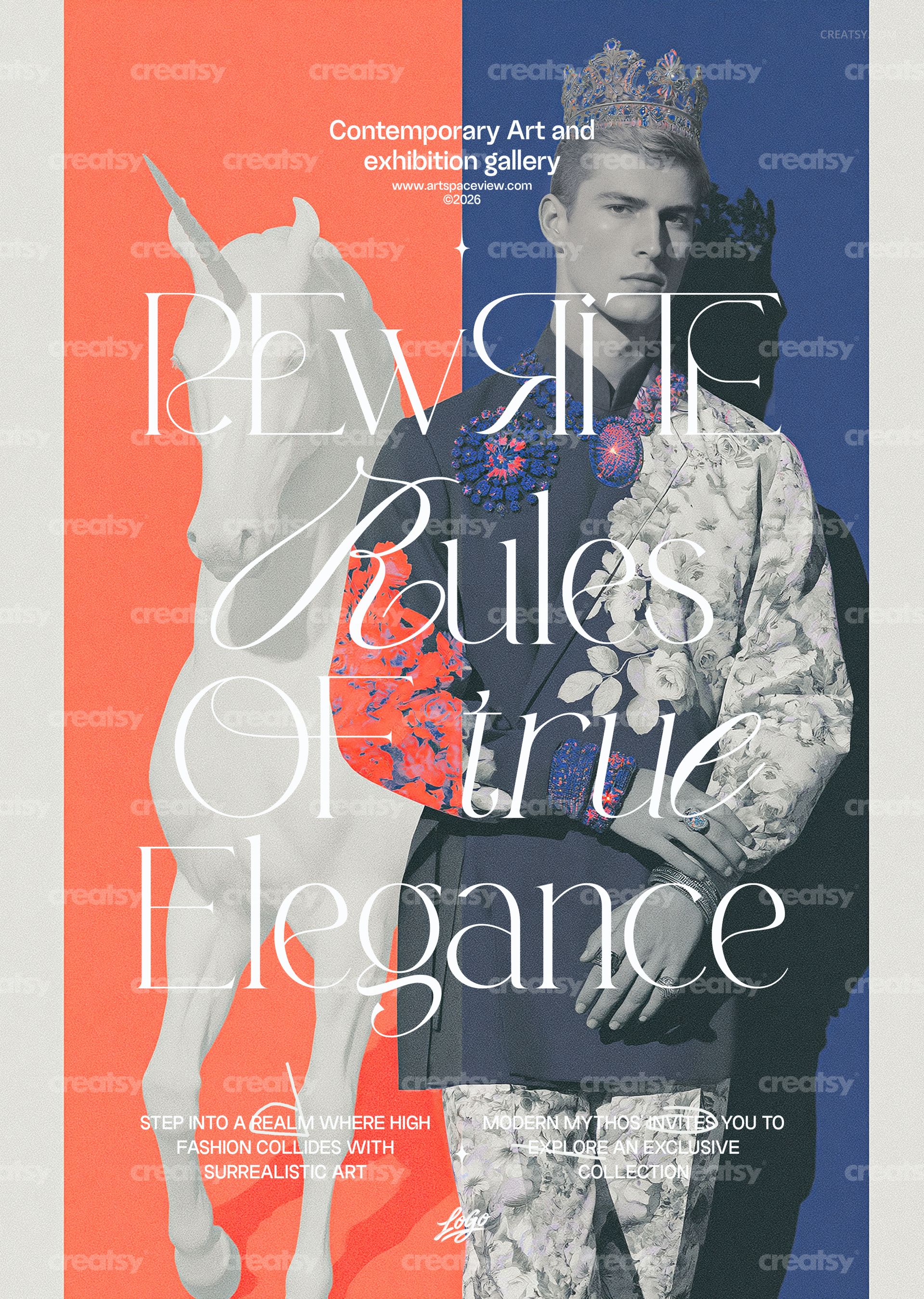 Front view of a mythological art poster mockup featuring a man in ornate clothing beside a white horse, with bold typography.