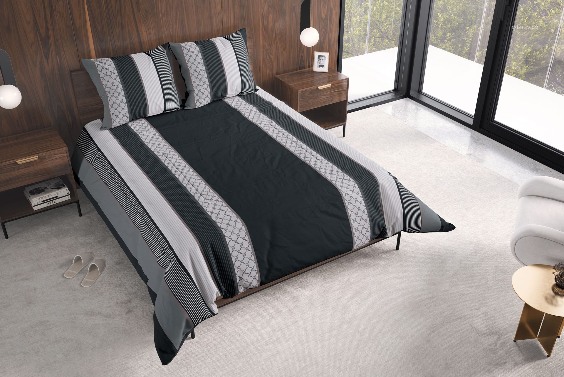 PSD mockup of bedding set showing a comforter and pillowcases with bold vertical stripes in a stylish room setting.