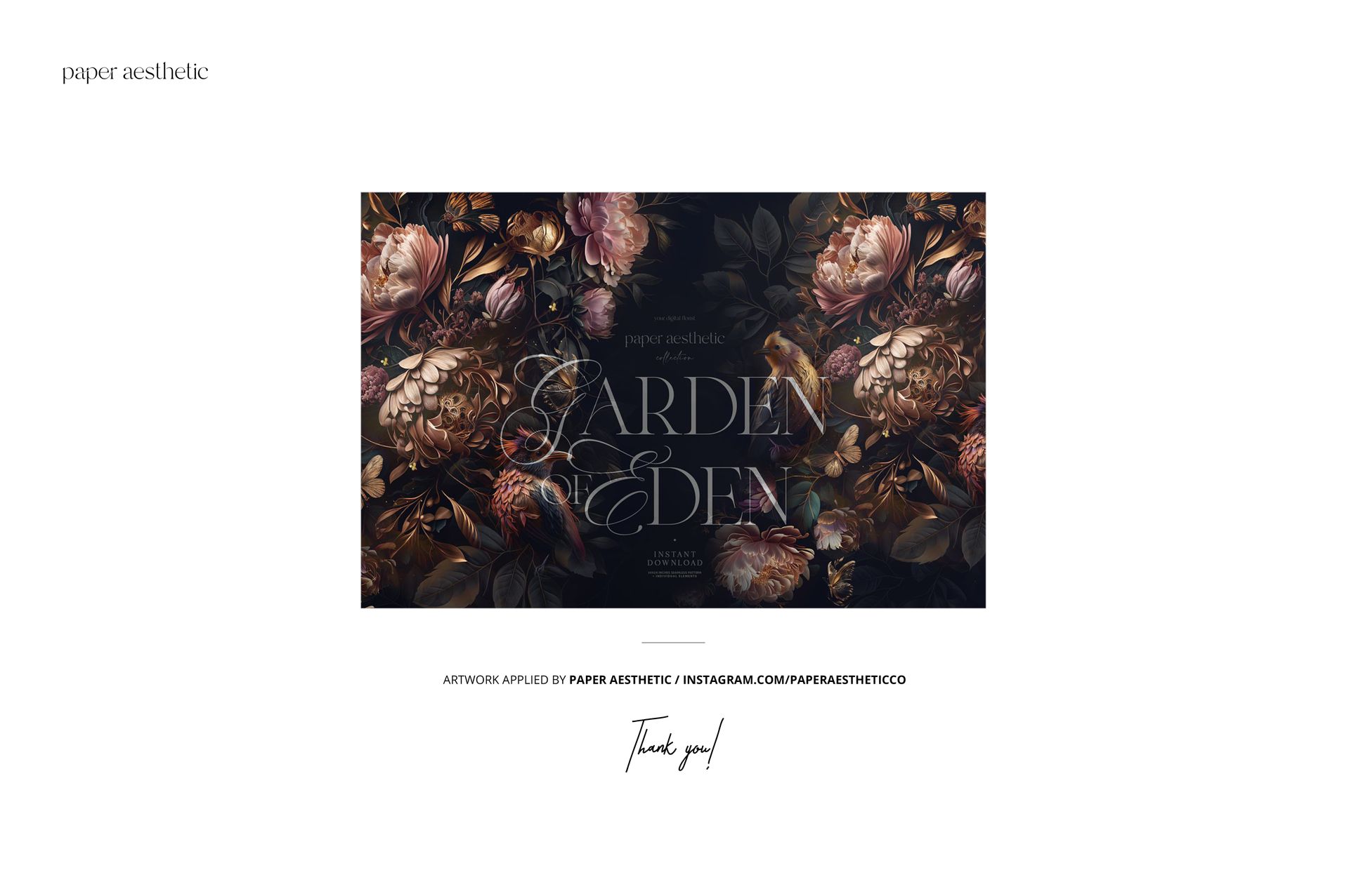 Front view of non-woven vinyl wallpaper mockup featuring a dark floral pattern with large flowers and leaves.