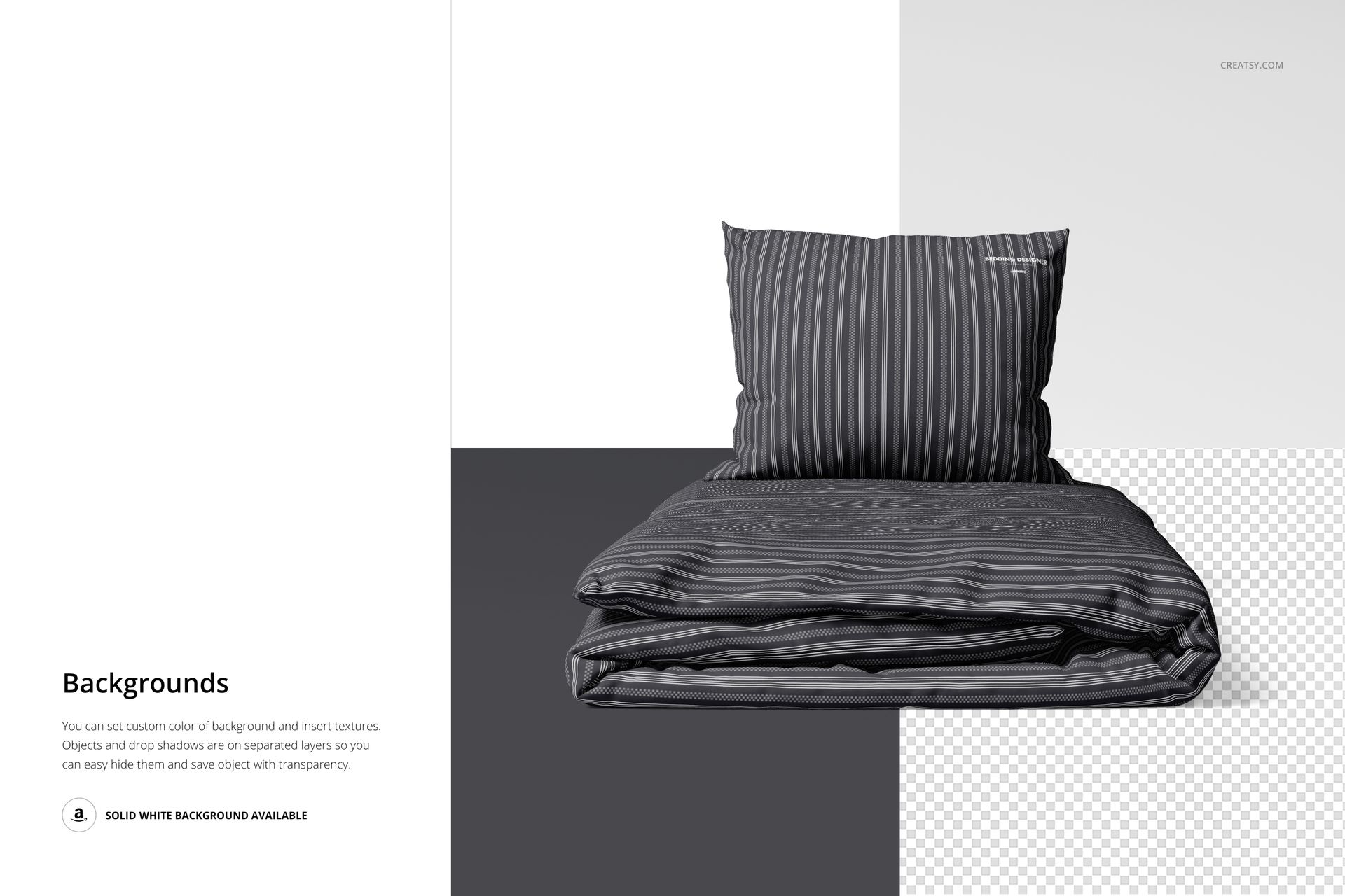 Front view of a bedding set mockup featuring a pillow and folded duvet with dark gray vertical stripes on a split background.