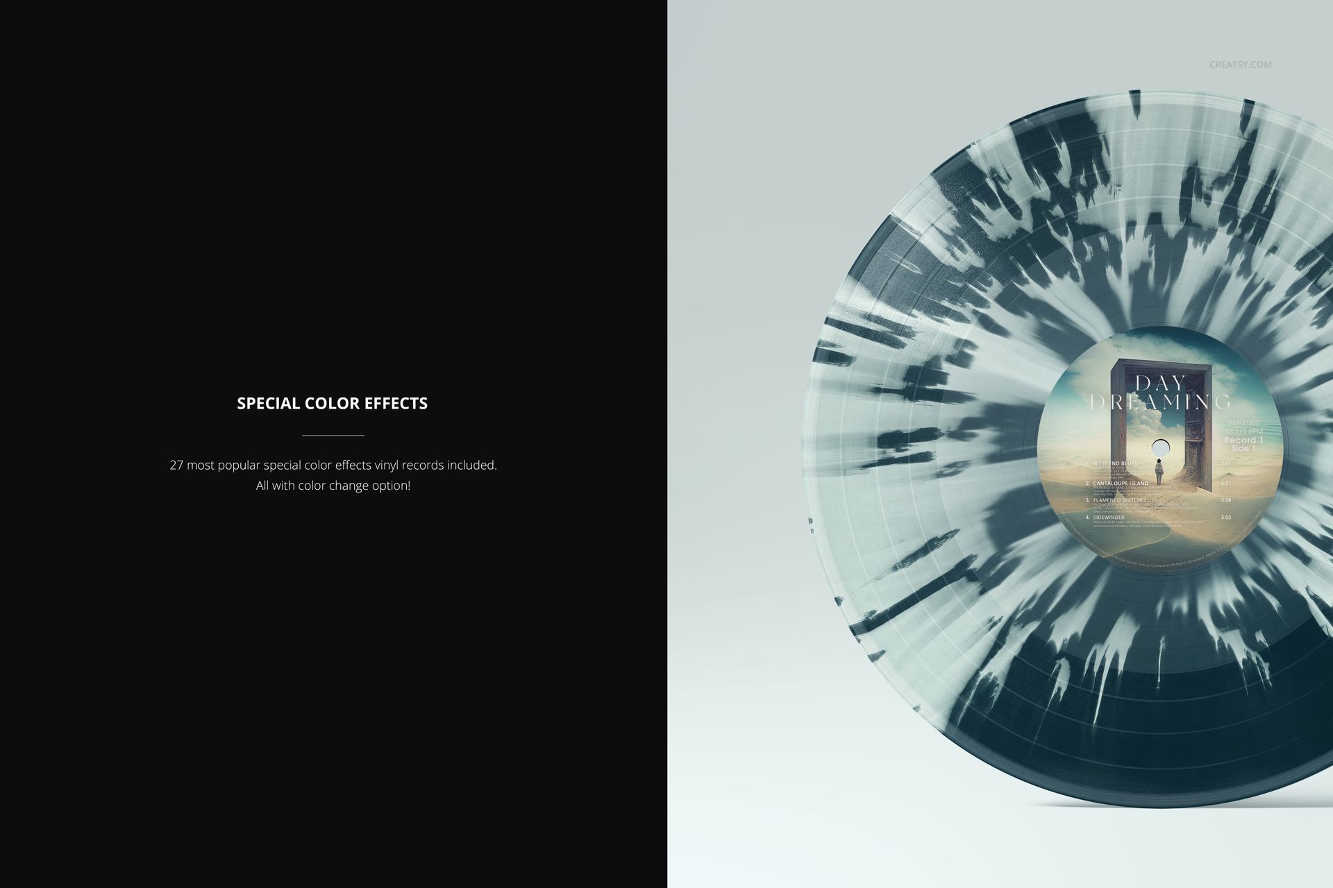 Front view of a colored vinyl record mockup featuring a black and white marbled design and centered label artwork.