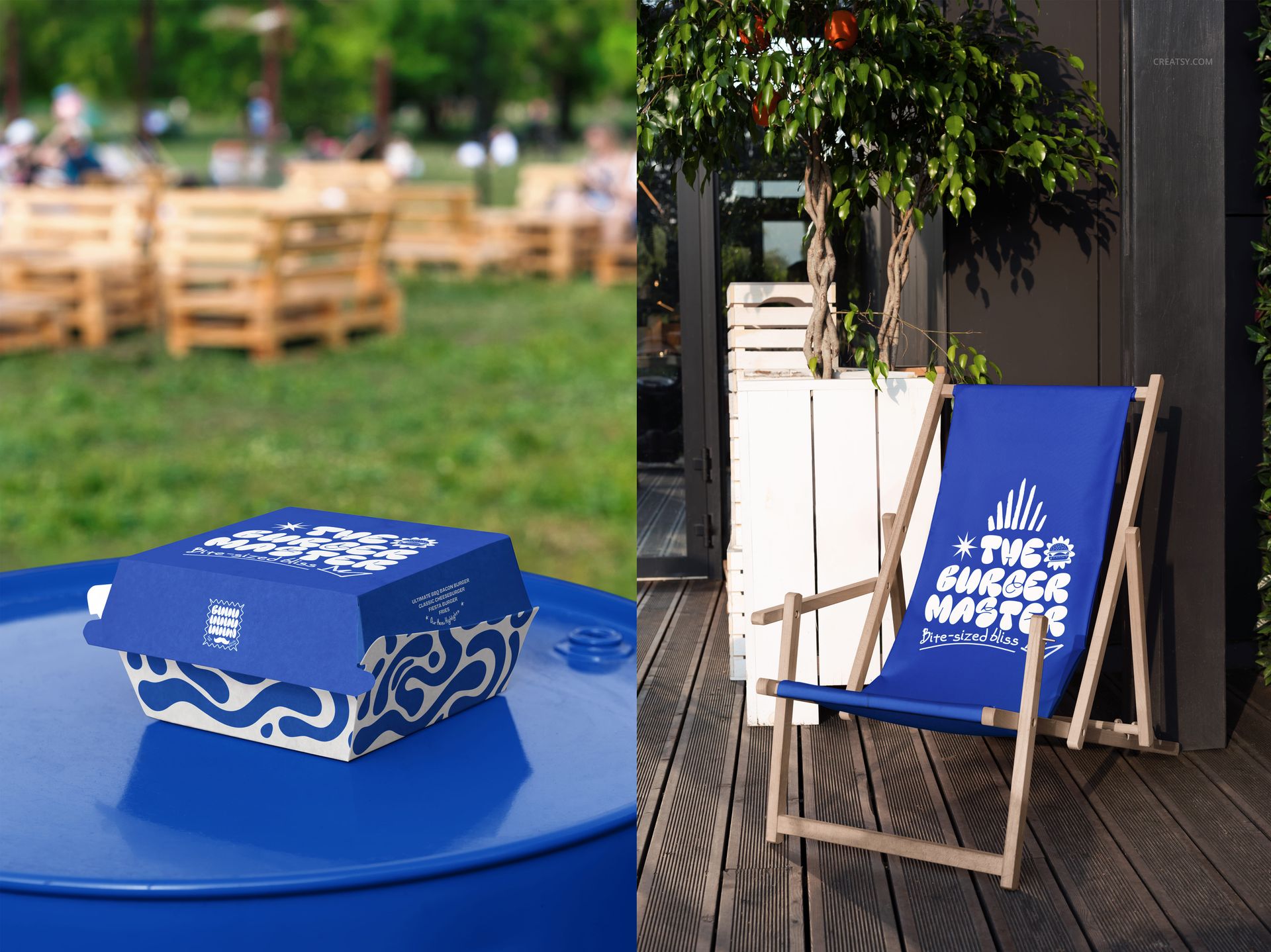 Blue and white burger box mockup with abstract patterns placed on a round table in a park setting.