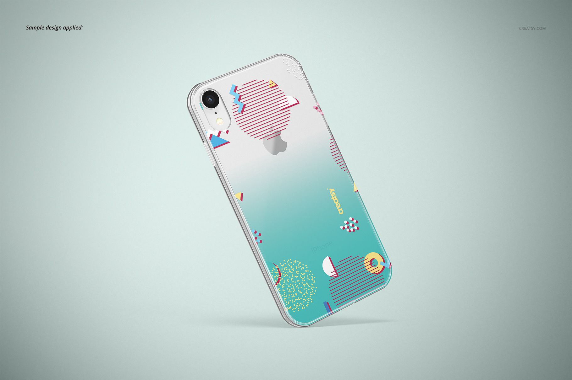 iPhone XR clear case with colorful geometric pattern mockup, displayed at an angle on a light gradient background.