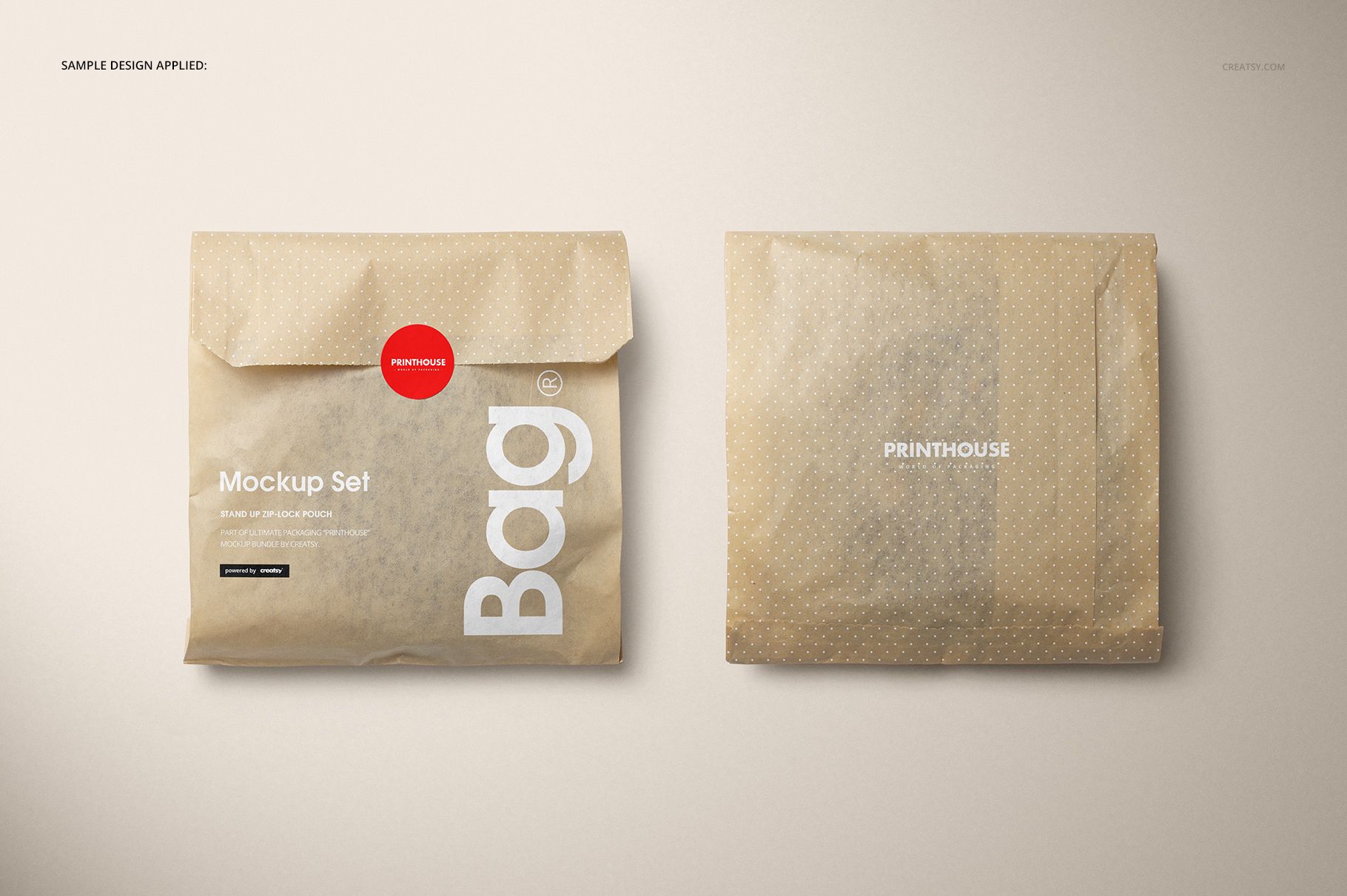 Sandwich paper bag PSD mockup set displayed flat, highlighting kraft texture and sticker detail on a light surface.