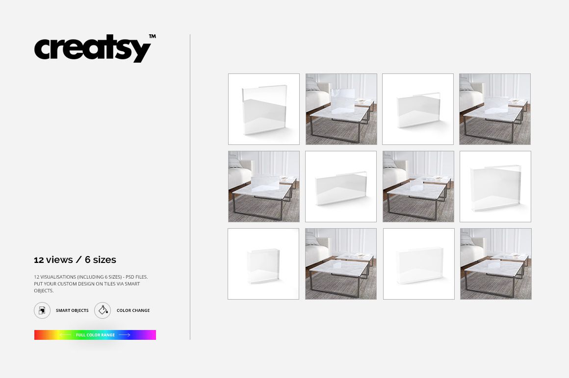 Acrylic freestanding tile mockup set showing six clear rectangular tiles in various sizes on a table and white background.