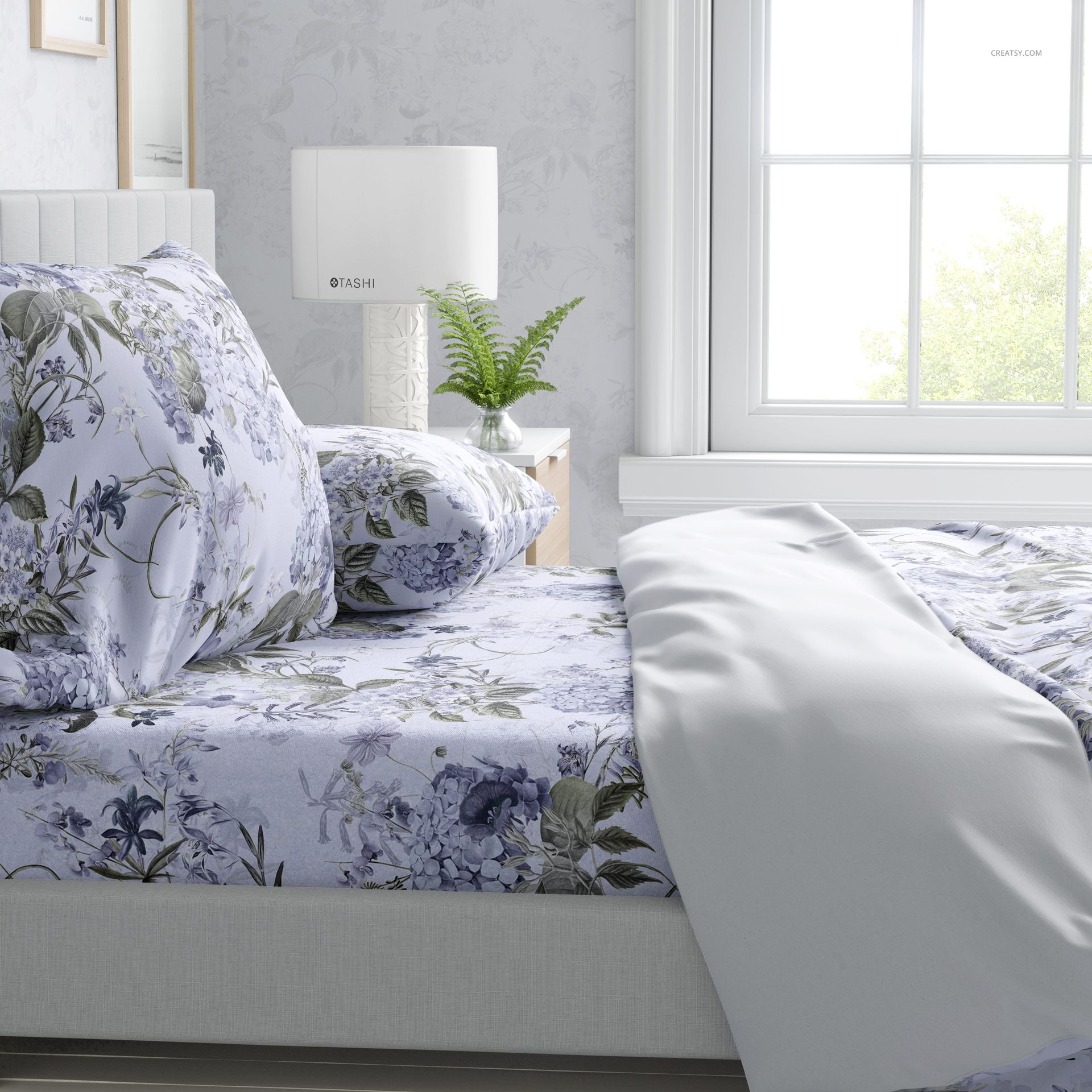 Floral patterned brushed cotton bedding mockup displayed on a modern bed near a window, with soft natural lighting.