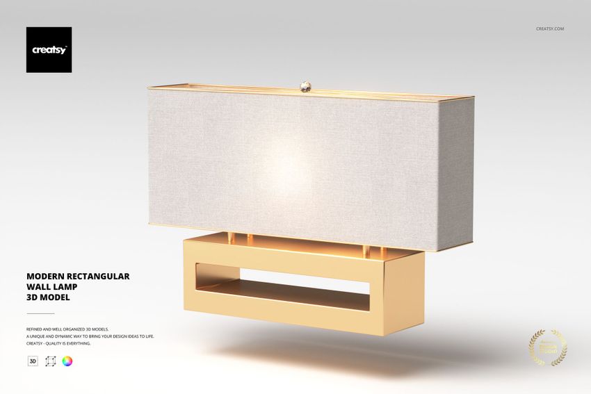 Rectangular wall lamp with a beige fabric shade and gold geometric base, shown in a front view on a light background.