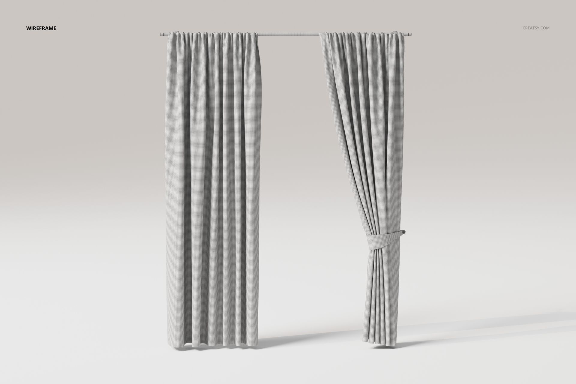 Front view of a pair of light gray curtains, one hanging straight and the other gathered with a tieback, on a plain background.