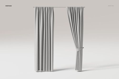 Front view of a pair of light gray curtains, one hanging straight and the other gathered with a tieback, on a plain background.