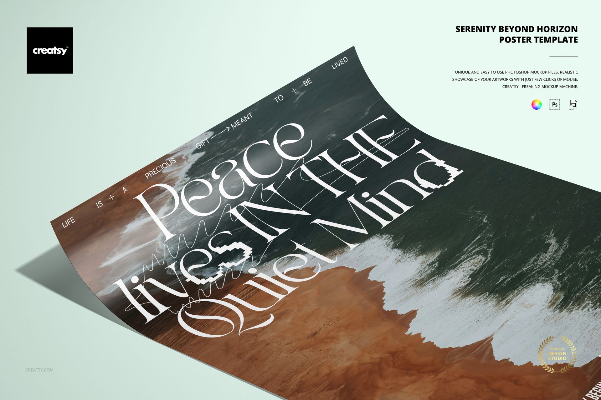 Serenity Beyond Horizon poster mockup displaying a stylized horizon scene with large white lettering, viewed from above.