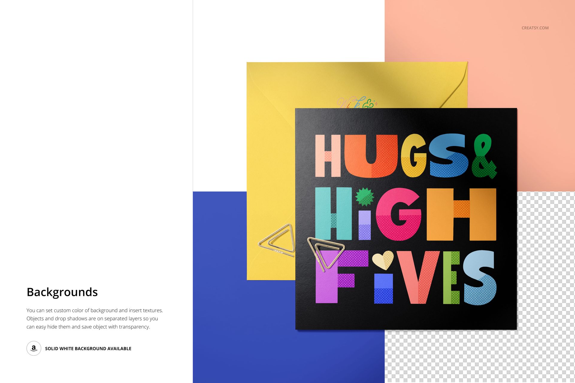 PSD mockup showing a square greeting card with vibrant typography, partially covering a yellow envelope, flat lay perspective.