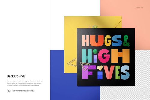 PSD mockup showing a square greeting card with vibrant typography, partially covering a yellow envelope, flat lay perspective.