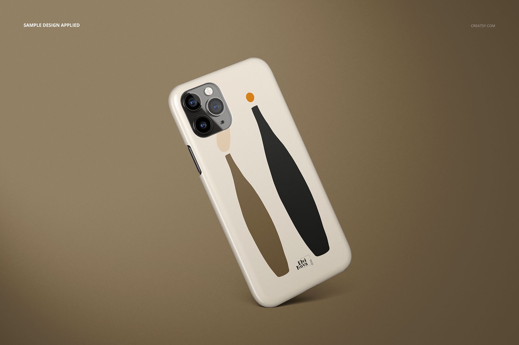 Glossy iPhone 11 Pro case mockup featuring abstract bottle designs in neutral tones, displayed on a plain brown surface.