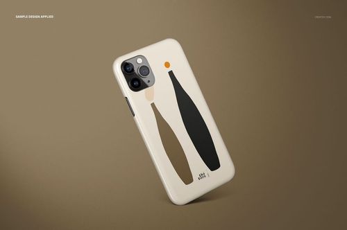 Glossy iPhone 11 Pro case mockup featuring abstract bottle designs in neutral tones, displayed on a plain brown surface.