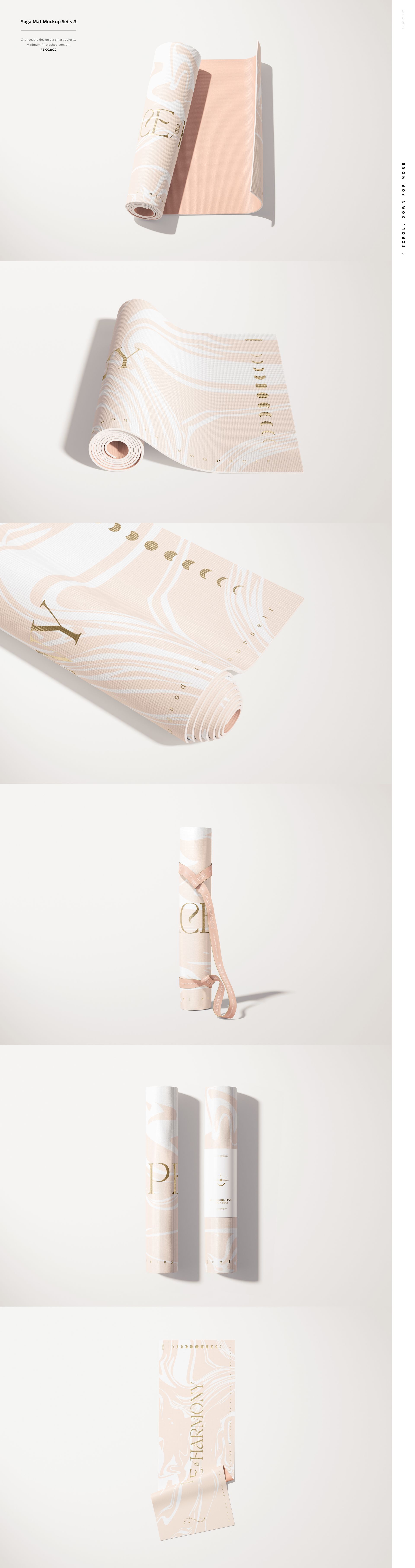 Set of yoga mat PSD mockup images featuring soft beige and white swirls, displayed rolled and flat on a light surface.