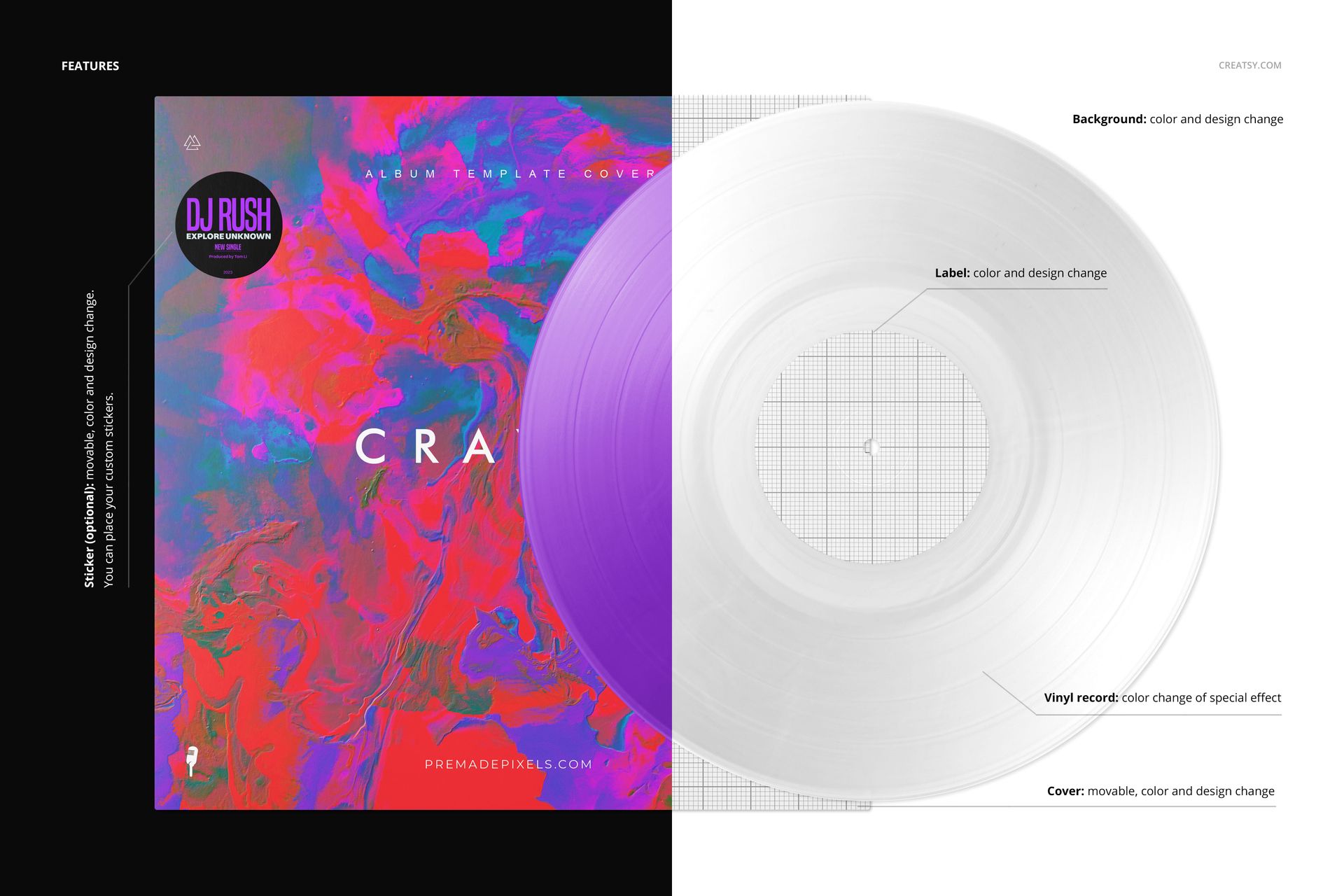 Front view of a split effect vinyl record and cover mockup, featuring a vibrant abstract pattern and clear labeling.