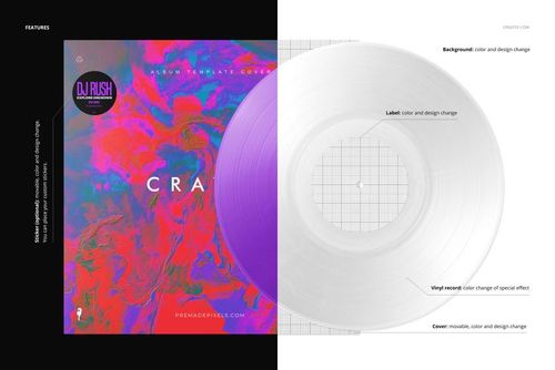 Front view of a split effect vinyl record and cover mockup, featuring a vibrant abstract pattern and clear labeling.
