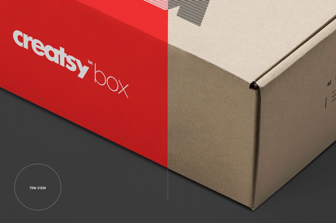 Mailing box mockup showing a close-up of two packaging designs, one in red with white text and one in plain brown.