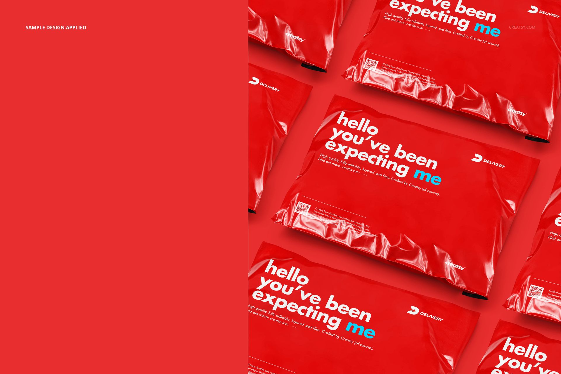 Red poly mailer packaging mockup with white and blue text, shown in a diagonal arrangement from a top view.