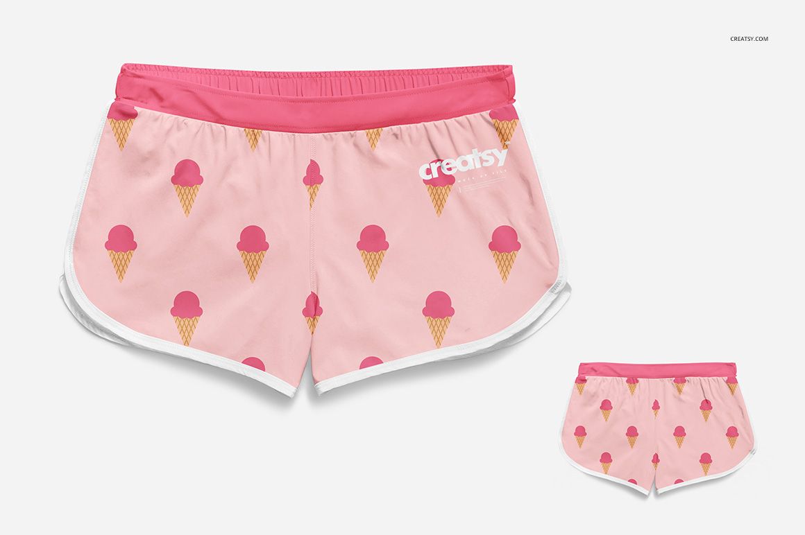 Front view of women's shorts with a pink ice cream cone pattern, displayed on a white background with a mockup variant.
