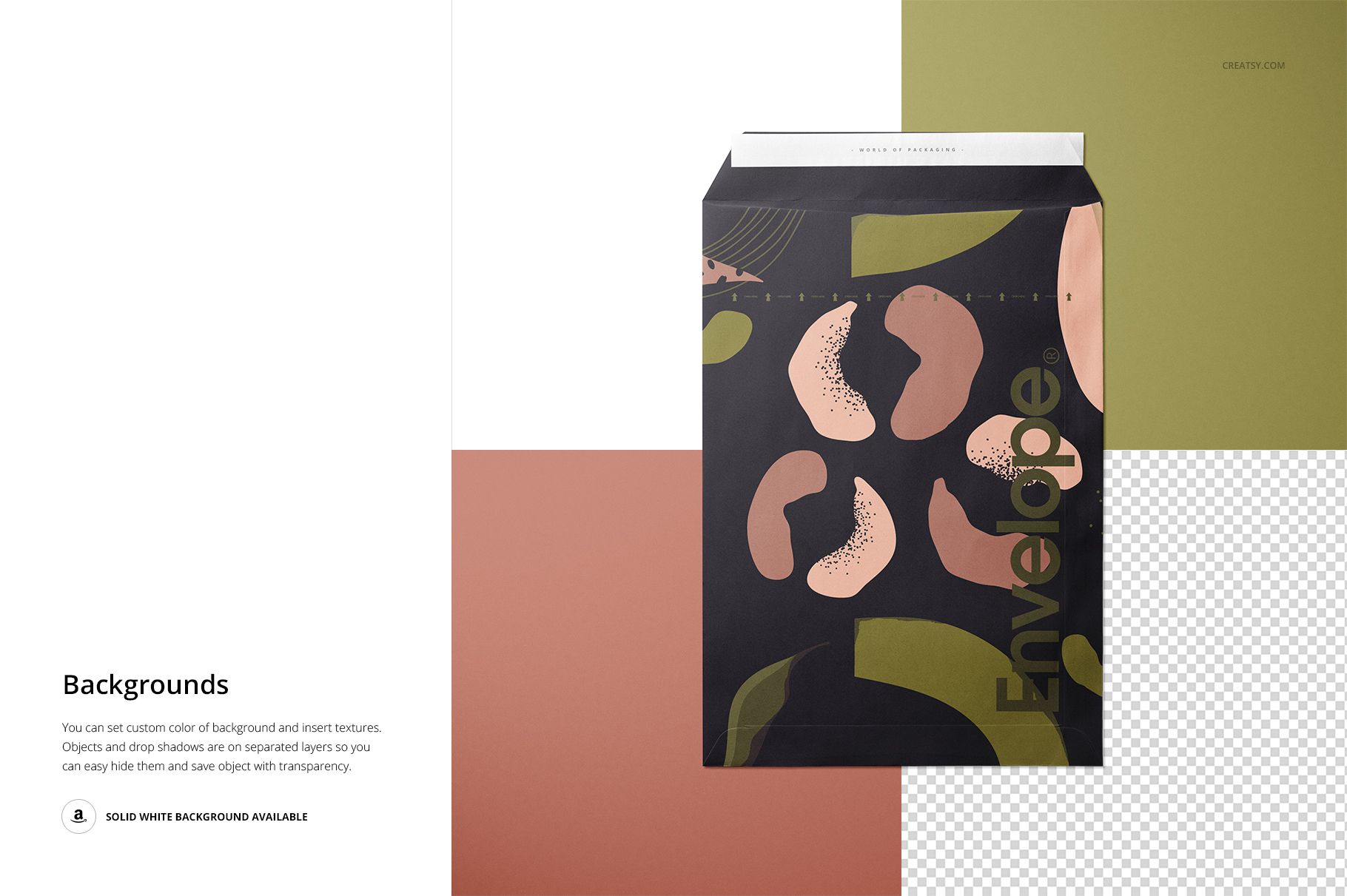 Front view of a rectangular envelope mockup with abstract black, pink, and olive green patterns on a multi-colored background.