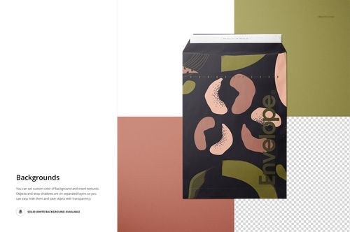 Front view of a rectangular envelope mockup with abstract black, pink, and olive green patterns on a multi-colored background.