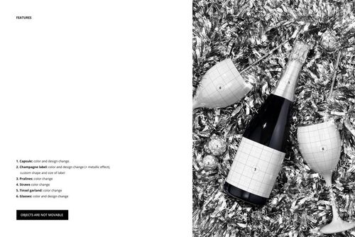 Champagne bottle and two glasses mockup on metallic tinsel background, front view with editable labels.