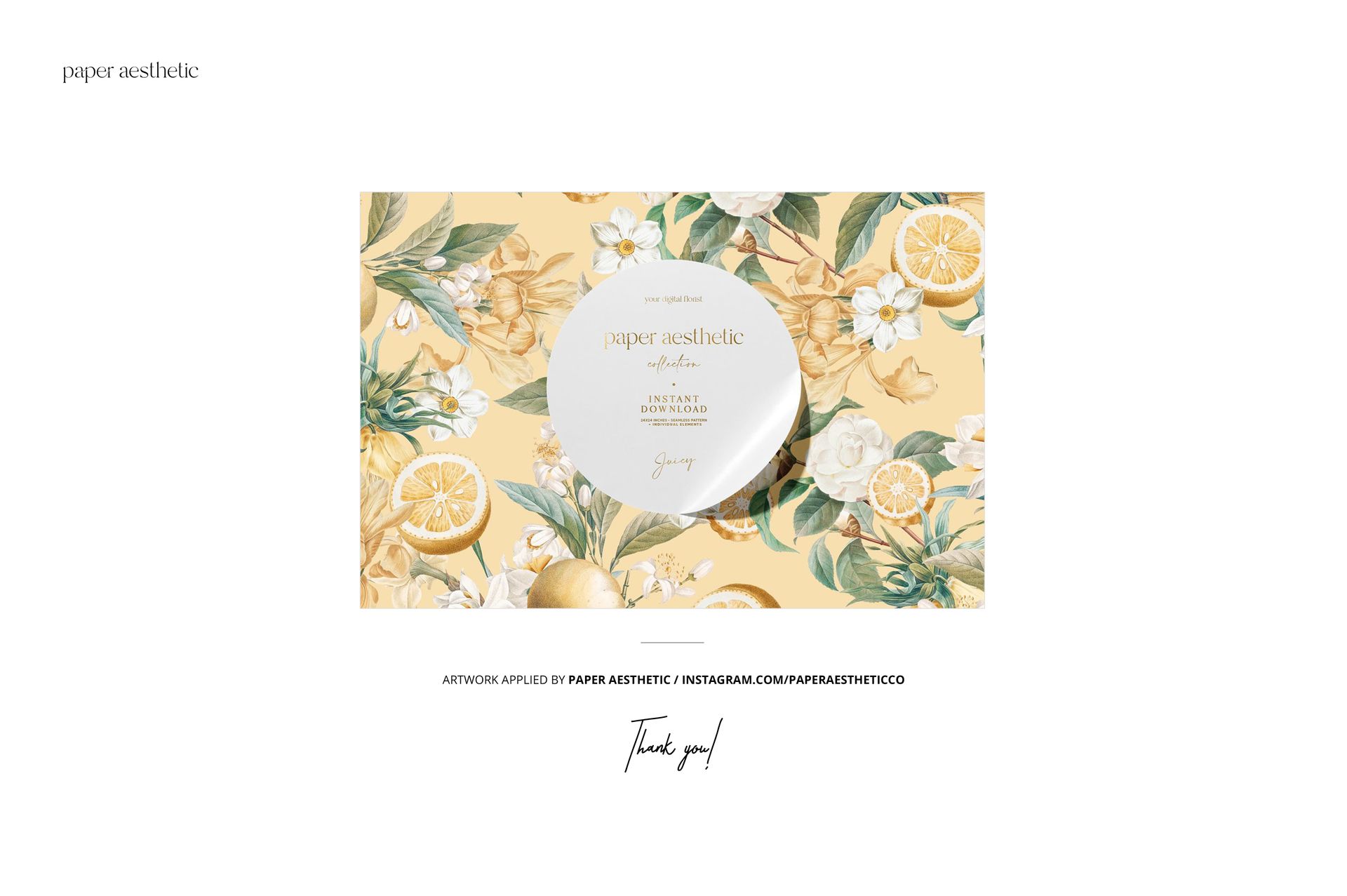 Front view of a pillow box mockup featuring a yellow and green botanical design with lemons and flowers.