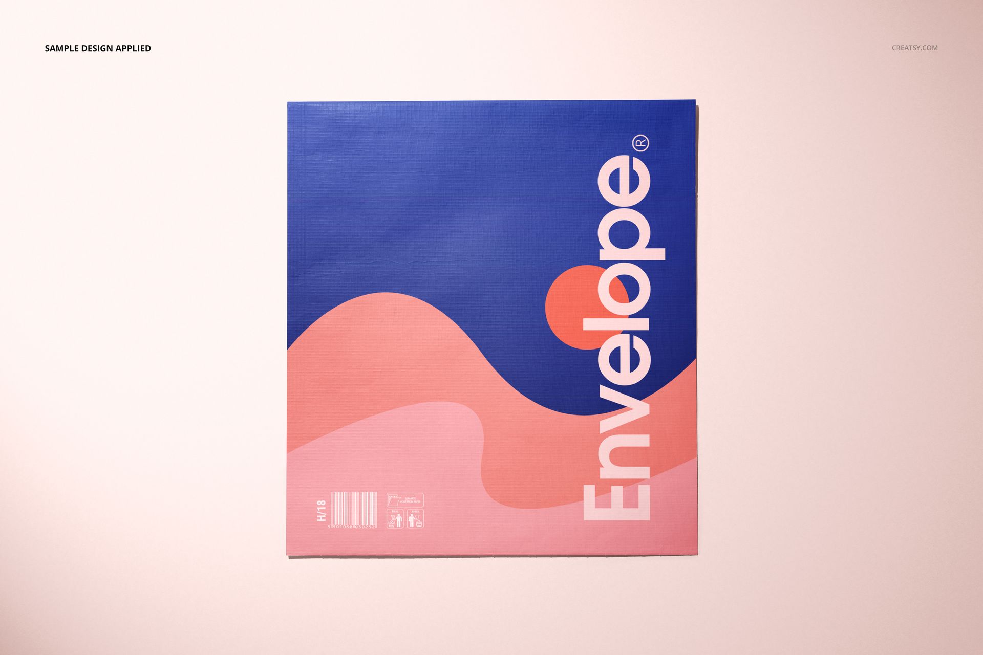 Front view of a cloth lined envelope mockup featuring bold blue and pink colors with a modern wave design.