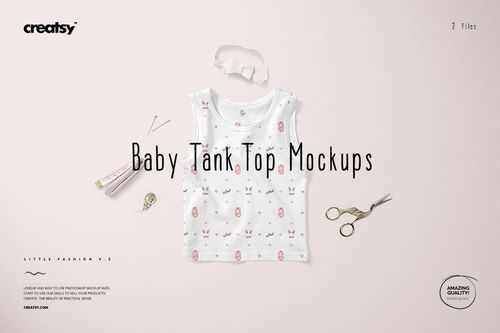 Front view of a baby tank top mockup with a white fabric and subtle pink patterns, surrounded by sewing tools on a light surface.